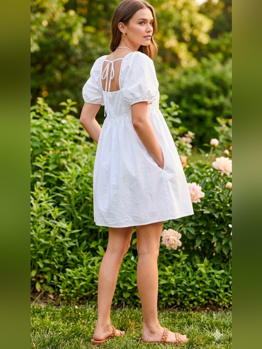 Draper James S White Puff Sleeve Smocked Pockets Lined Squere Neck Mini Dress